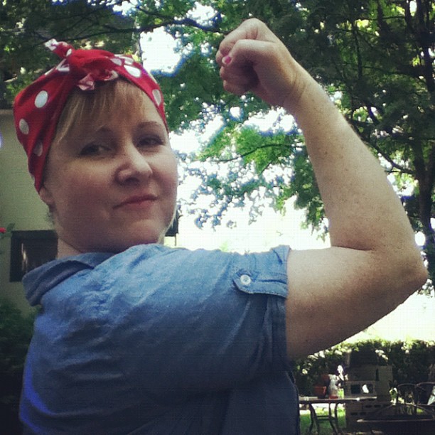 "Mom the riveter. Going to the WOW (stop the war against women) rally/protest." -Ana